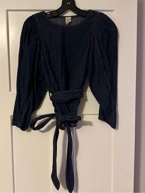 La Vie Navy Denim Puff-Sleeve Tie-Front Blouse